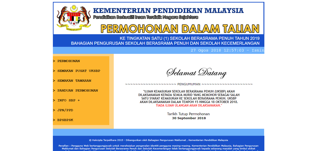 Permohonan SBP 2019 Tingkatan 1 & 4 Sekolah Berasrama 