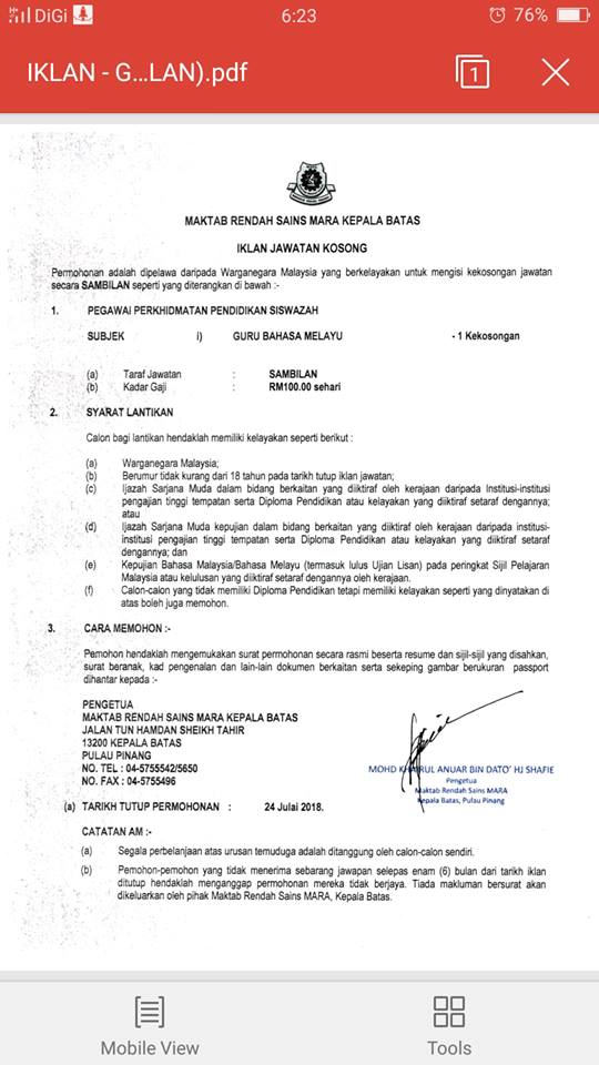 Permohonan Jawatan Kosong Guru MRSM MARA 2019 (Pelbagai 