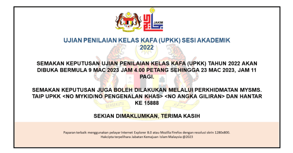 Semakan Keputusan UPKK 2023 (Ujian Penilaian Kelas Kafa)
