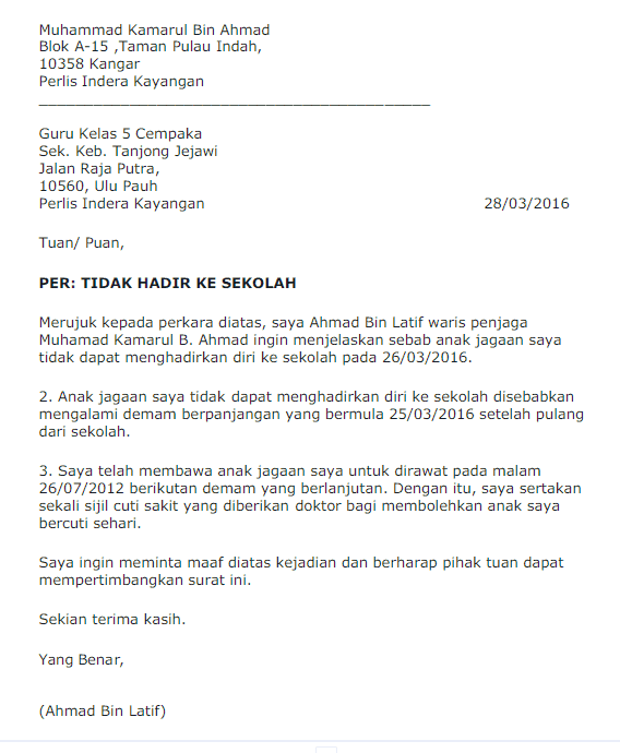 Surat Tidak Hadir Ke Sekolah Cara Penulisan Dan Contohnya 1502